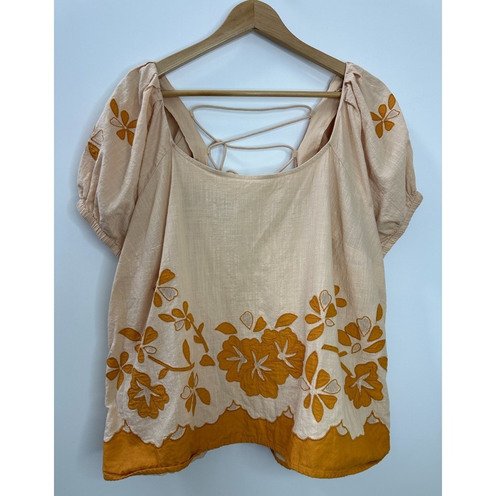 Madewell Embroidered Flower Puff Sleeve Cotton Lace-Up Back Top Plus Size 1X - Picture 2 of 13